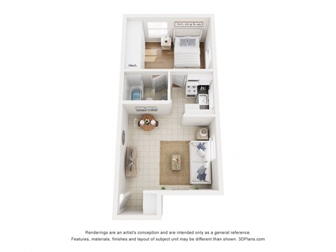 A 3D floor plan of a small apartment with a kitchen, living room, and bathroom.